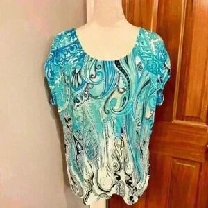 Chico's Blue and Green Relaxed Cap Sleeve Blouse